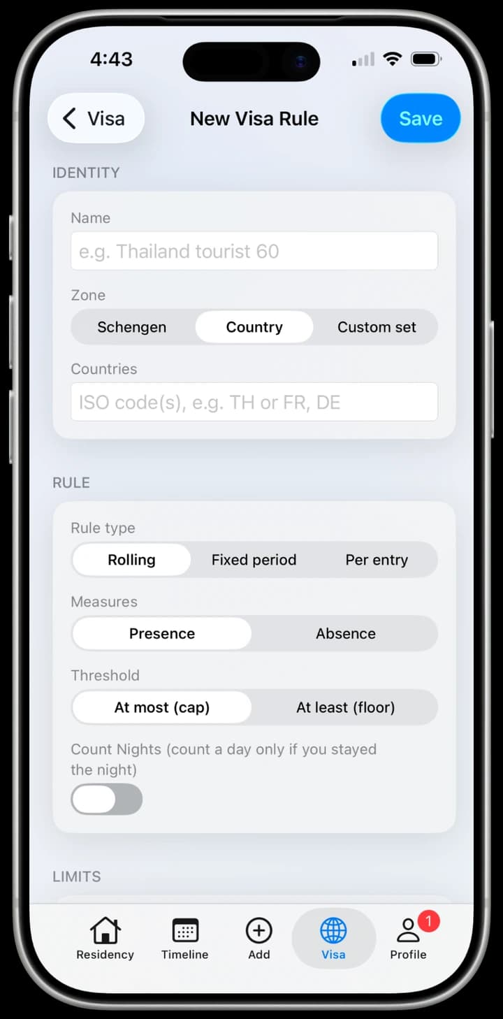 iReside custom visa rule builder with zone, rule type, measure and threshold controls