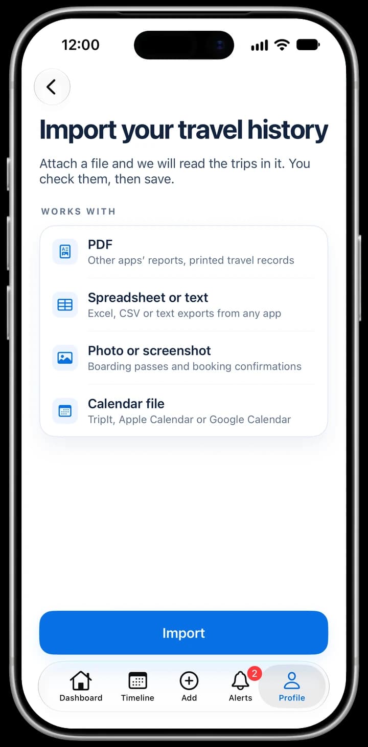 iReside's Import your travel history screen: Attach a file and we will read the trips in it. You check them, then save. It works with PDF (other apps' reports, printed travel records), spreadsheet or text (Excel, CSV or text exports from any app), photo or screenshot (boarding passes and booking confirmations) and calendar file (TripIt, Apple Calendar or Google Calendar), with a blue Import button.