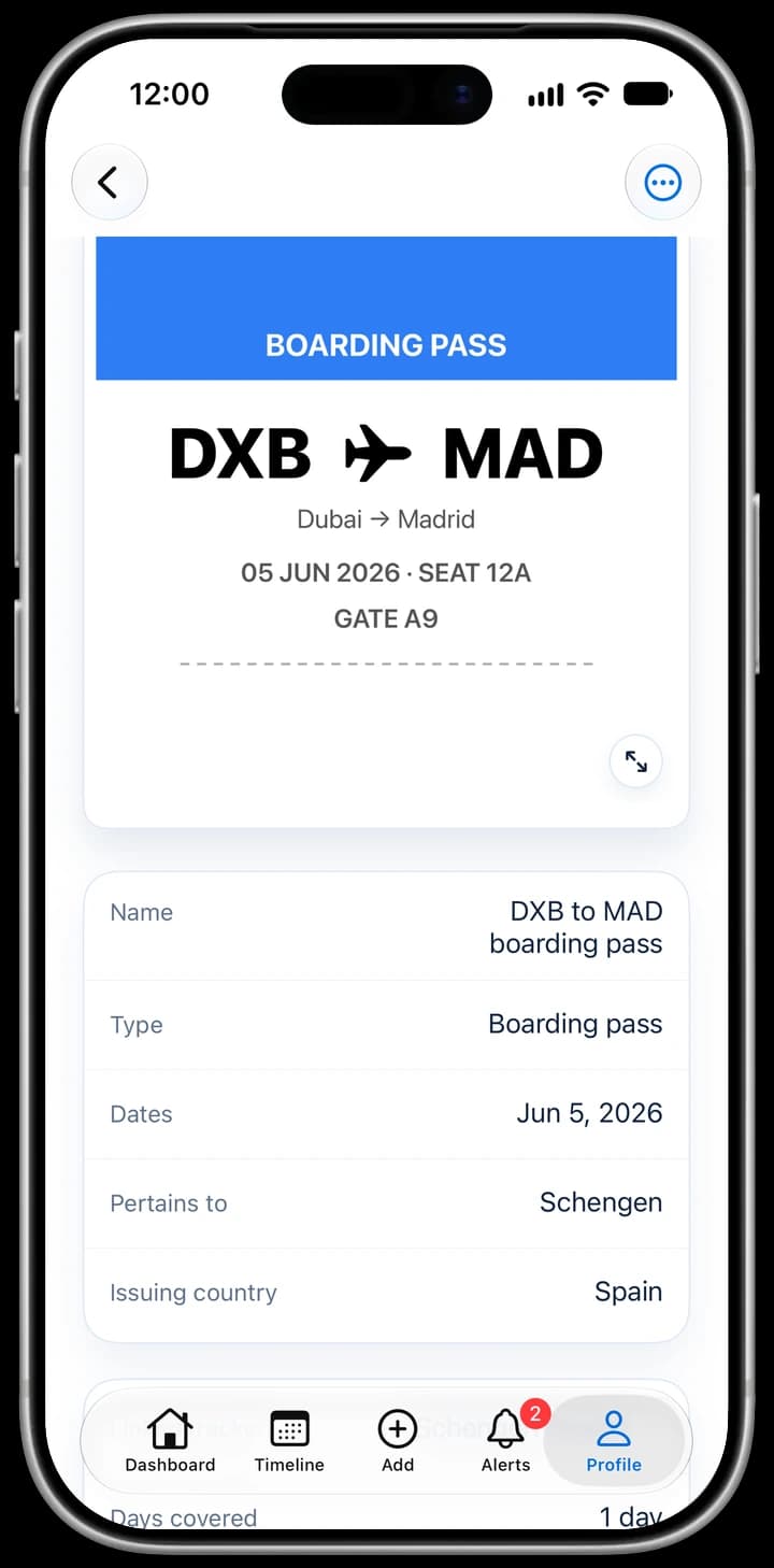 A boarding pass in iReside's document vault: DXB to MAD, Dubai to Madrid, 05 Jun 2026, seat 12A, gate A9. Details: Name DXB to MAD boarding pass, Type Boarding pass, Dates Jun 5, 2026, Pertains to Schengen, Issuing country Spain; Days covered 1 day.