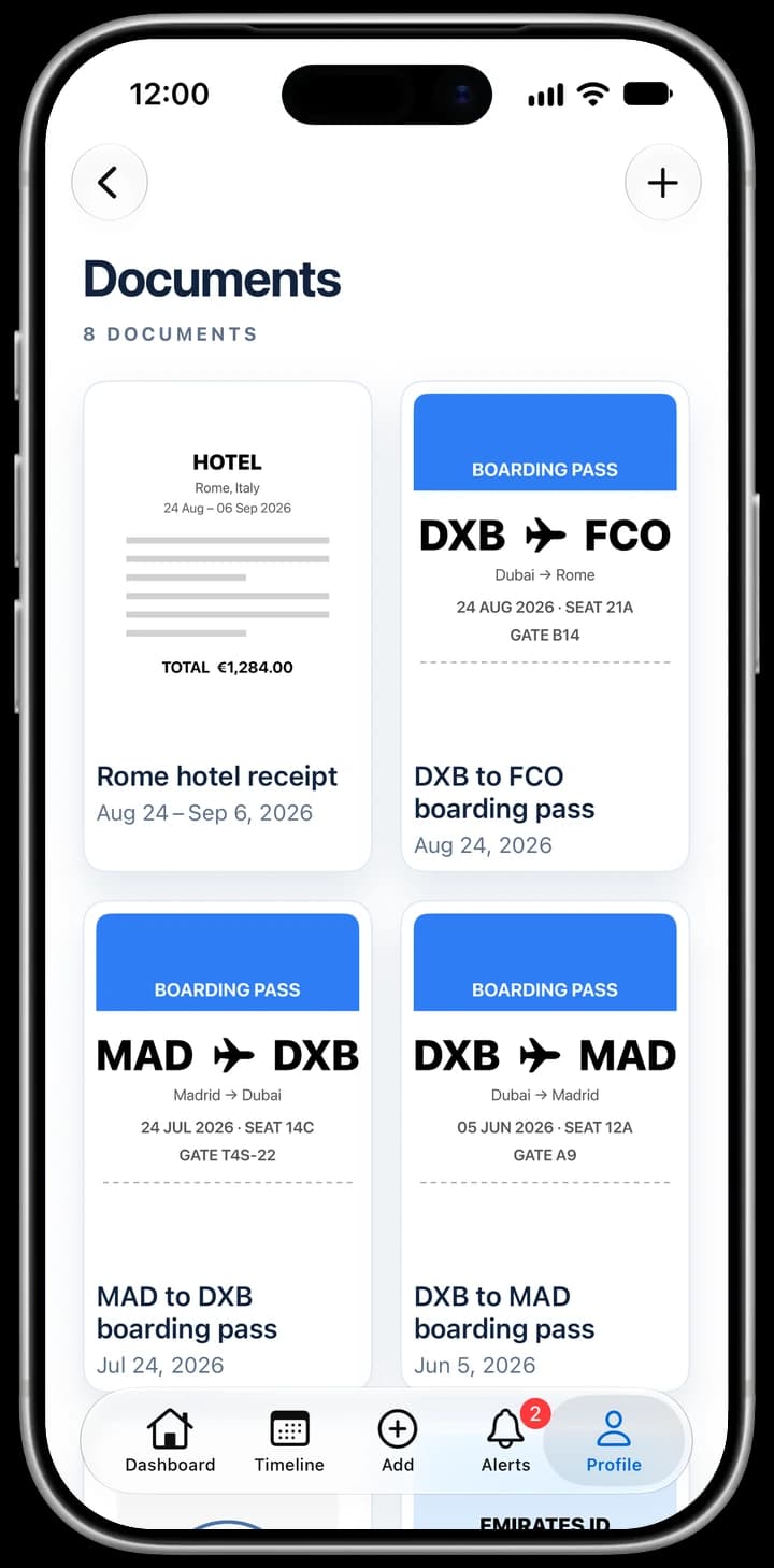 iReside's Documents vault, 8 documents in a two-column grid: Rome hotel receipt (Aug 24 to Sep 6, 2026), DXB to FCO boarding pass (Aug 24, 2026), MAD to DXB boarding pass (Jul 24, 2026) and DXB to MAD boarding pass (Jun 5, 2026), with an Emirates ID tile starting below.