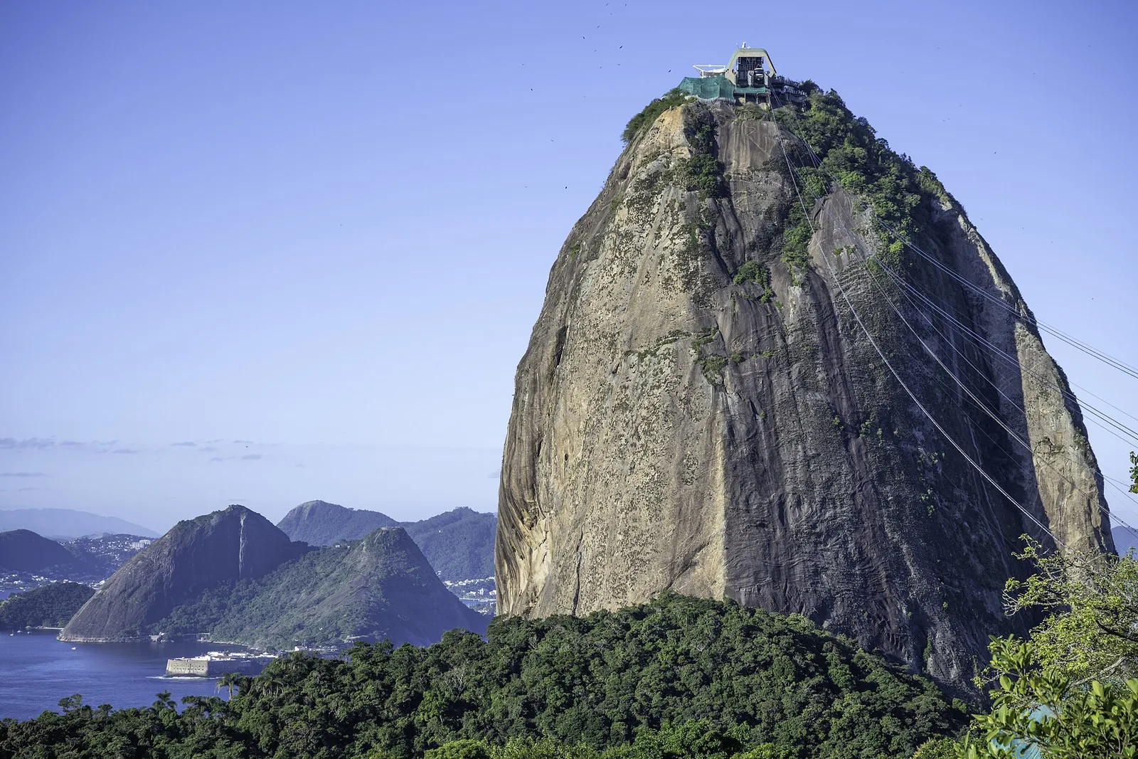 Sugarloaf Mountain rising above the water of Guanabara Bay in Rio de Janeiro, with the city shoreline below