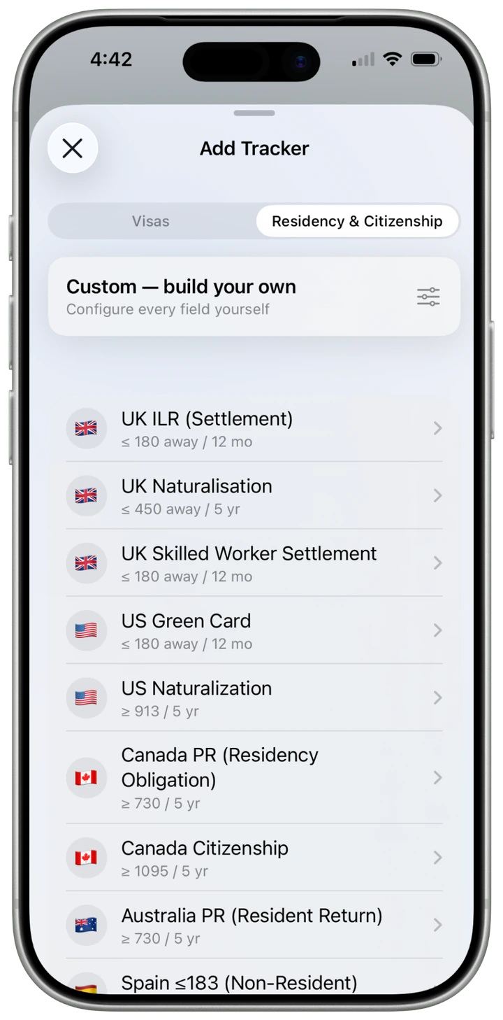 iReside residency and citizenship presets including UK ILR, US Green Card and Canada PR