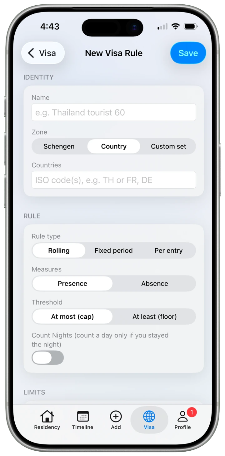 iReside custom visa rule builder with zone, rule type, measure and threshold controls